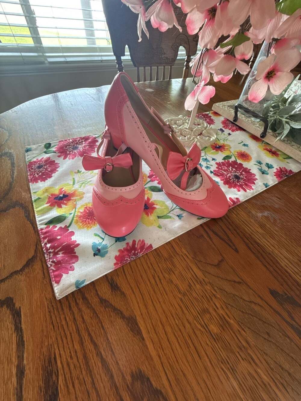 LIURUIJIA Pink Two Tone Mary Jane Bow Pumps Block Heel Size 10.5